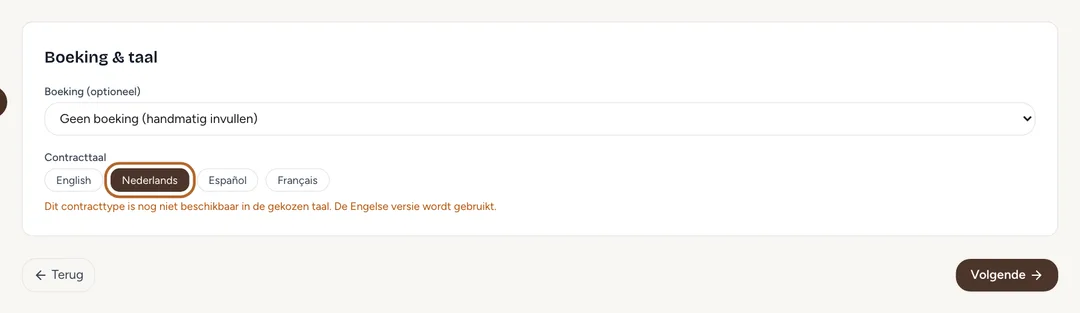 Schermafbeelding: Kies een boeking en de taal