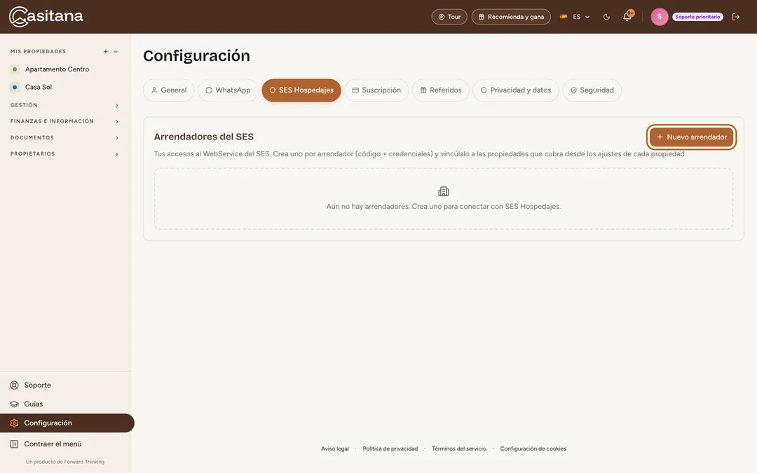 Captura de pantalla: Abre los ajustes de SES Hospedajes