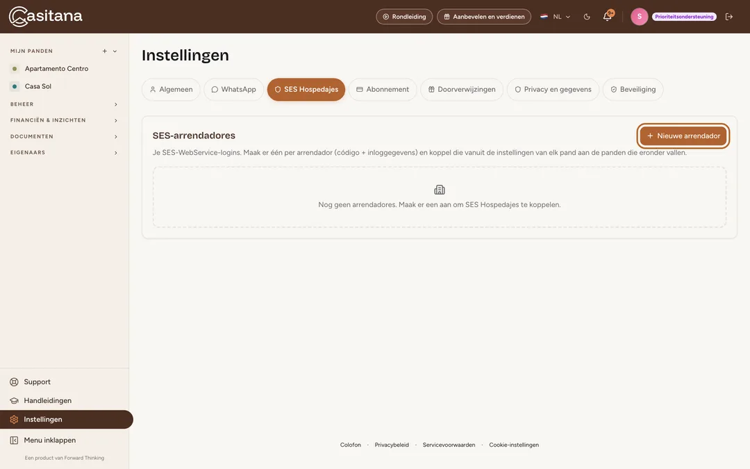 Schermafbeelding: Open de instellingen van SES Hospedajes