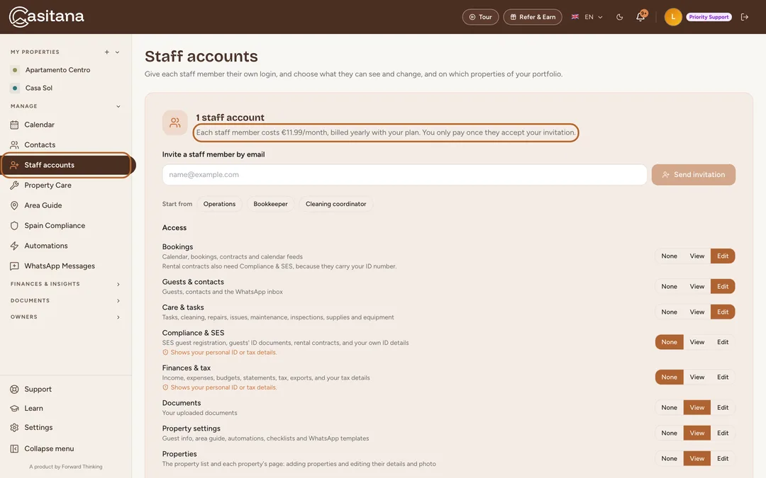 Screenshot: Open Staff accounts