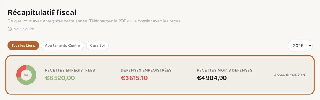 Capture d’écran : Les totaux par bien