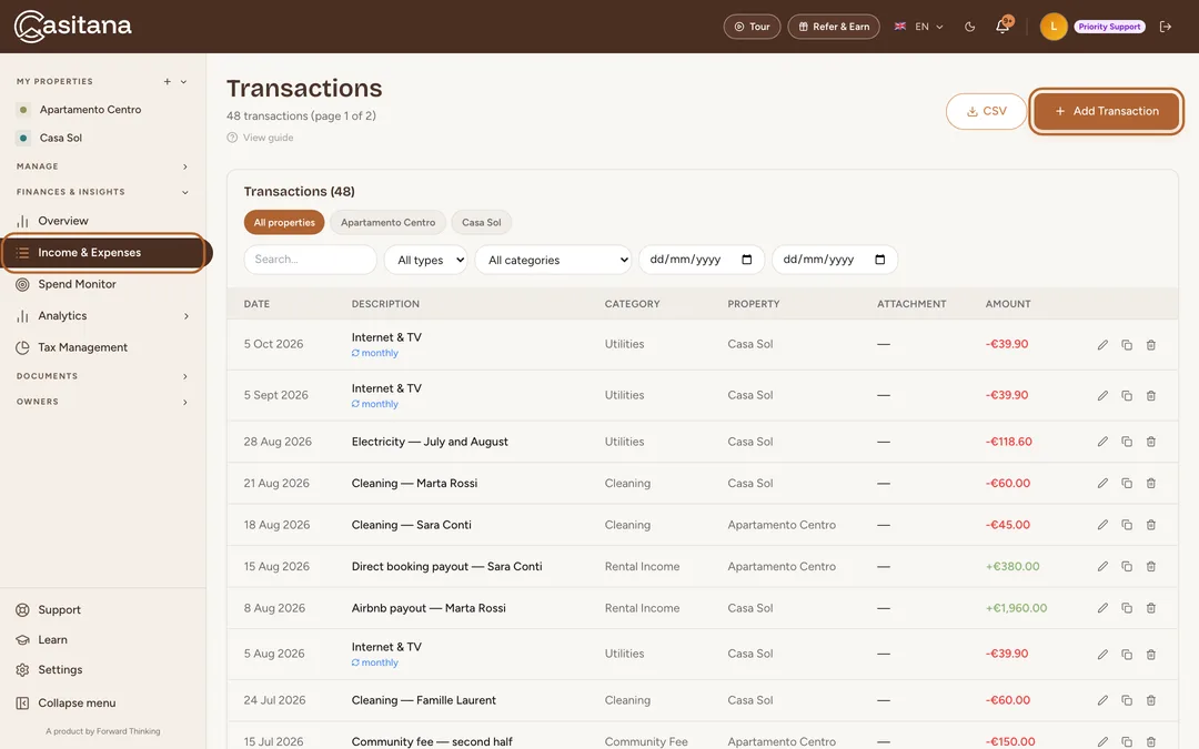 Screenshot: Open Income & Expenses