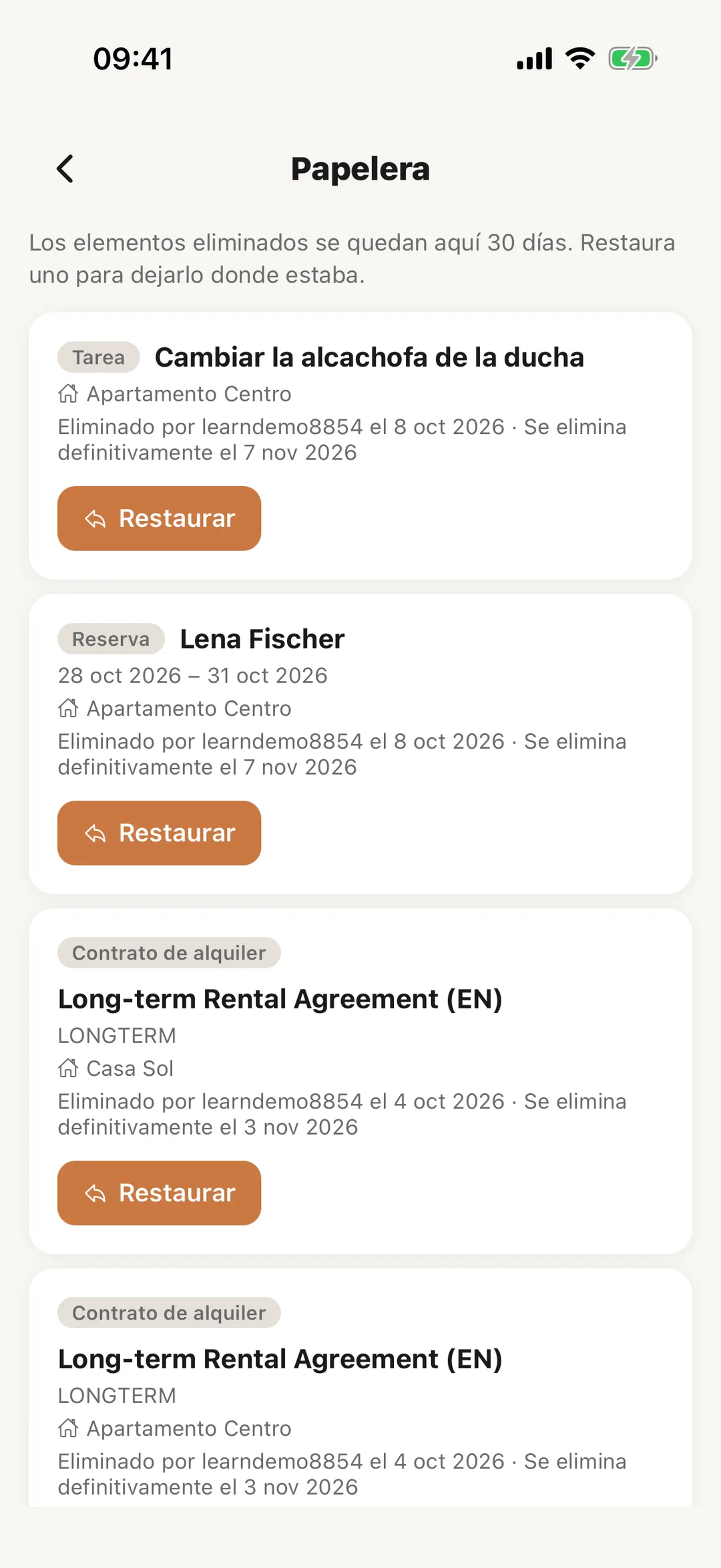 Captura de pantalla: Abre la papelera en la app