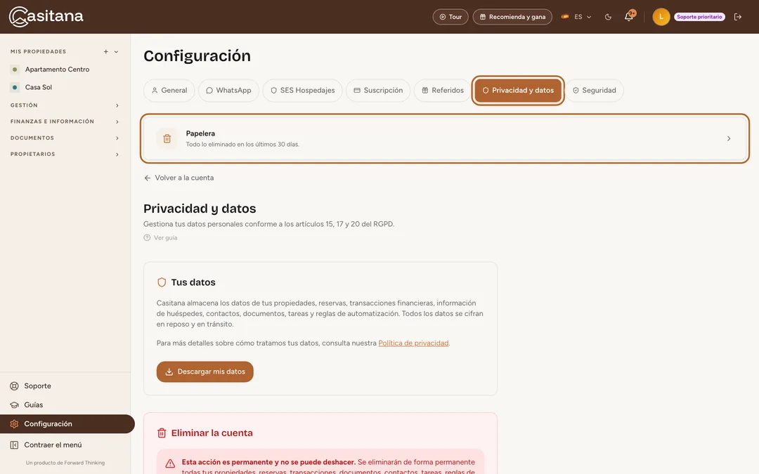 Captura de pantalla: Abre la papelera