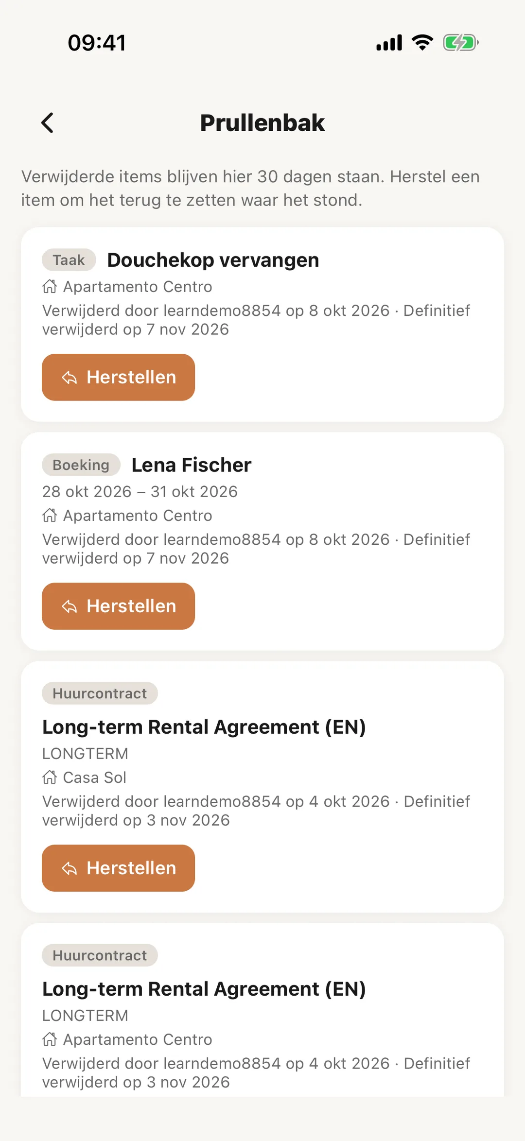 Schermafbeelding: De prullenbak openen in de app