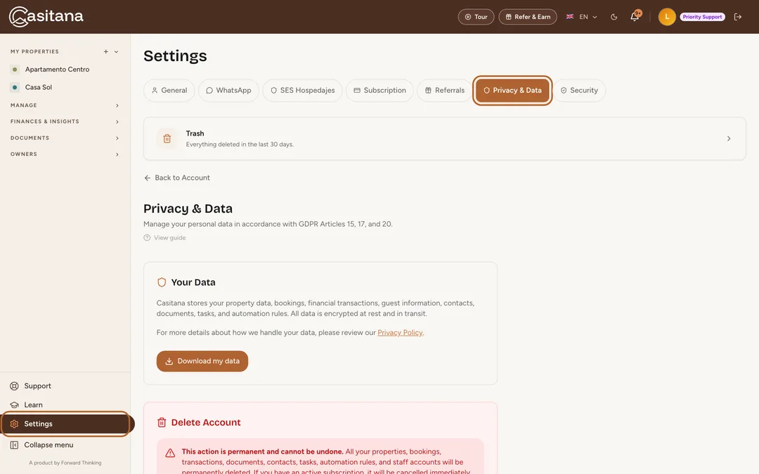 Screenshot: Open Privacy & Data