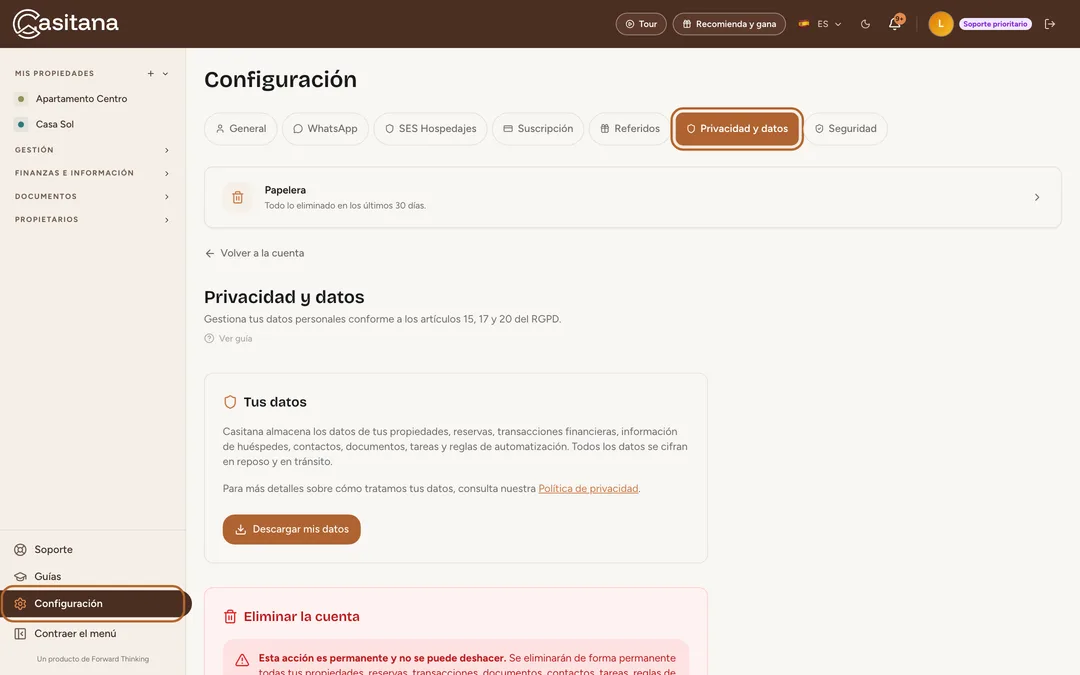 Captura de pantalla: Abre Privacidad y datos